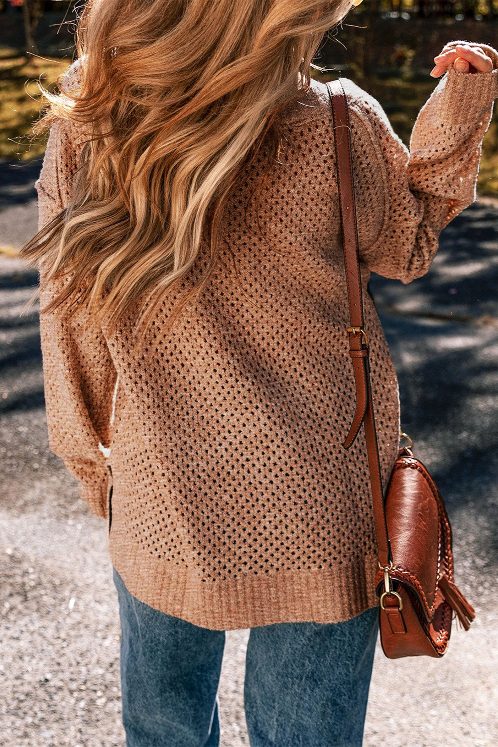 Openwork V-Neck Dropped Shoulder Sweater