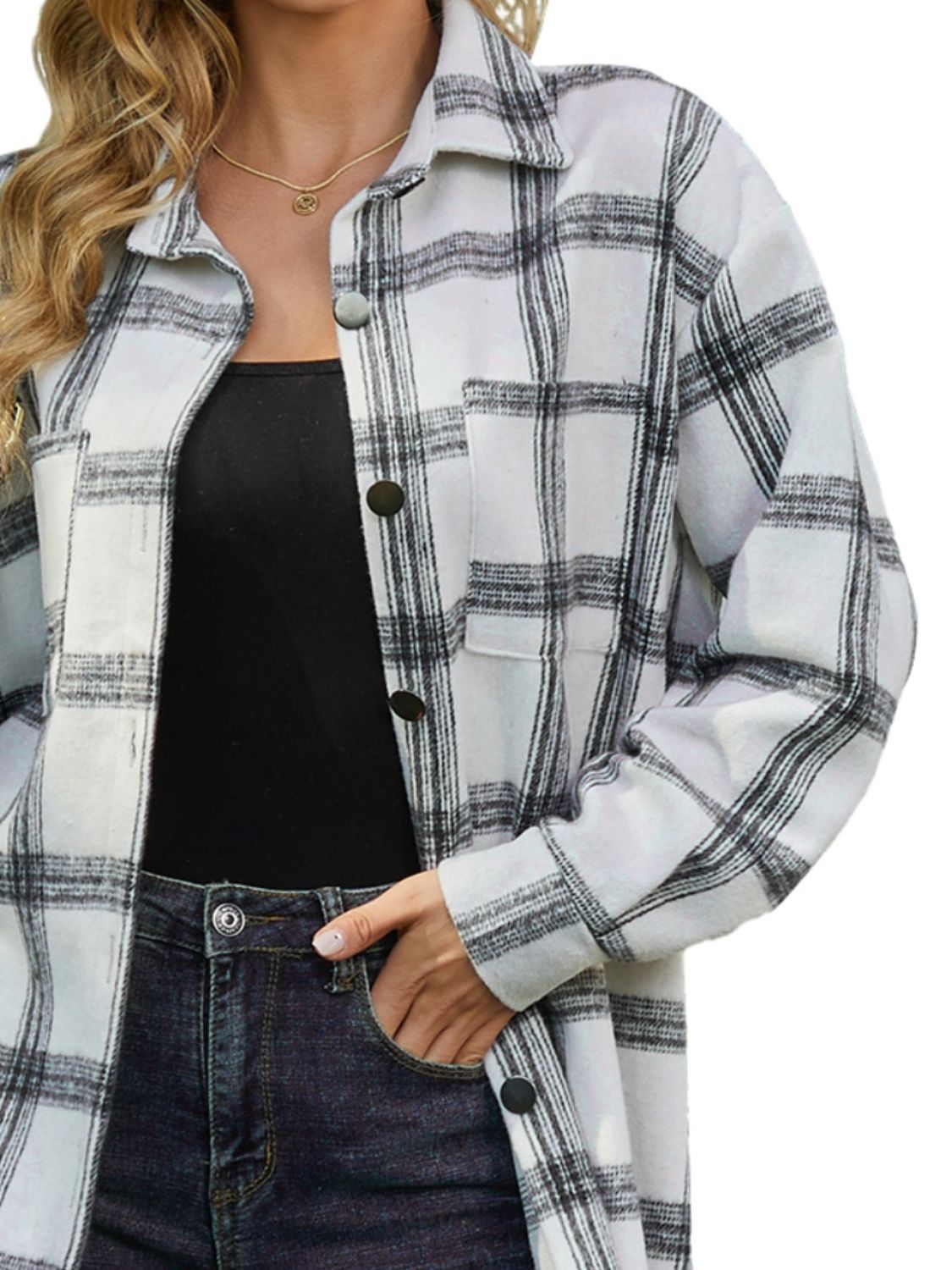 Plaid Collared Neck Long Sleeve Shacket