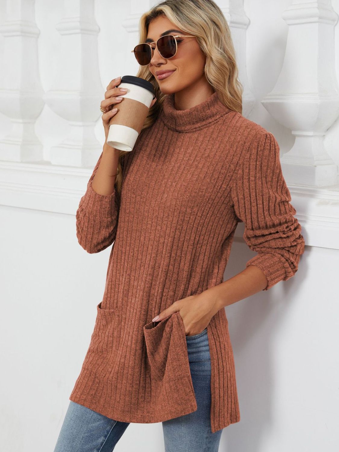 Slit Mock Neck Long Sleeve T-Shirt