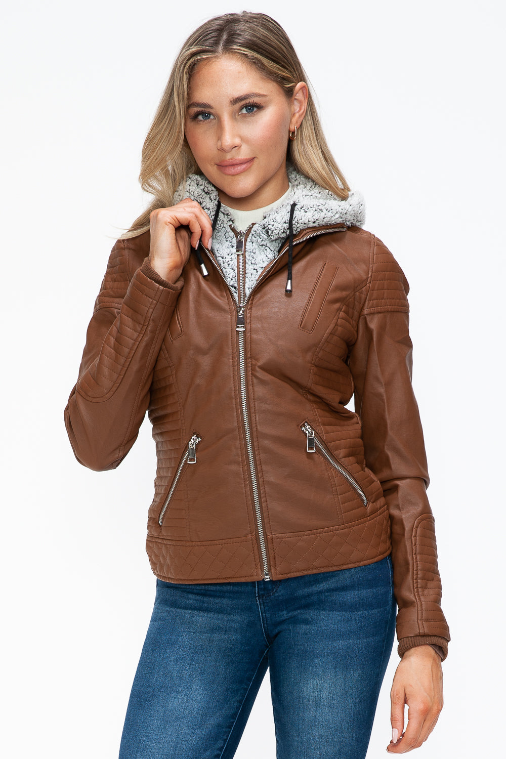 YMI Faux Layered Double-Zipper Jacket with Fuzzy Hood