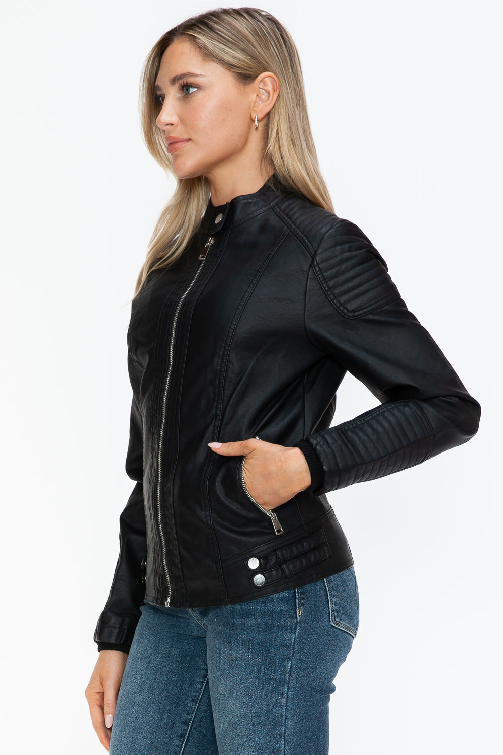 Snobbish Faux Leather Biker Jacket with Side Zip Pockets