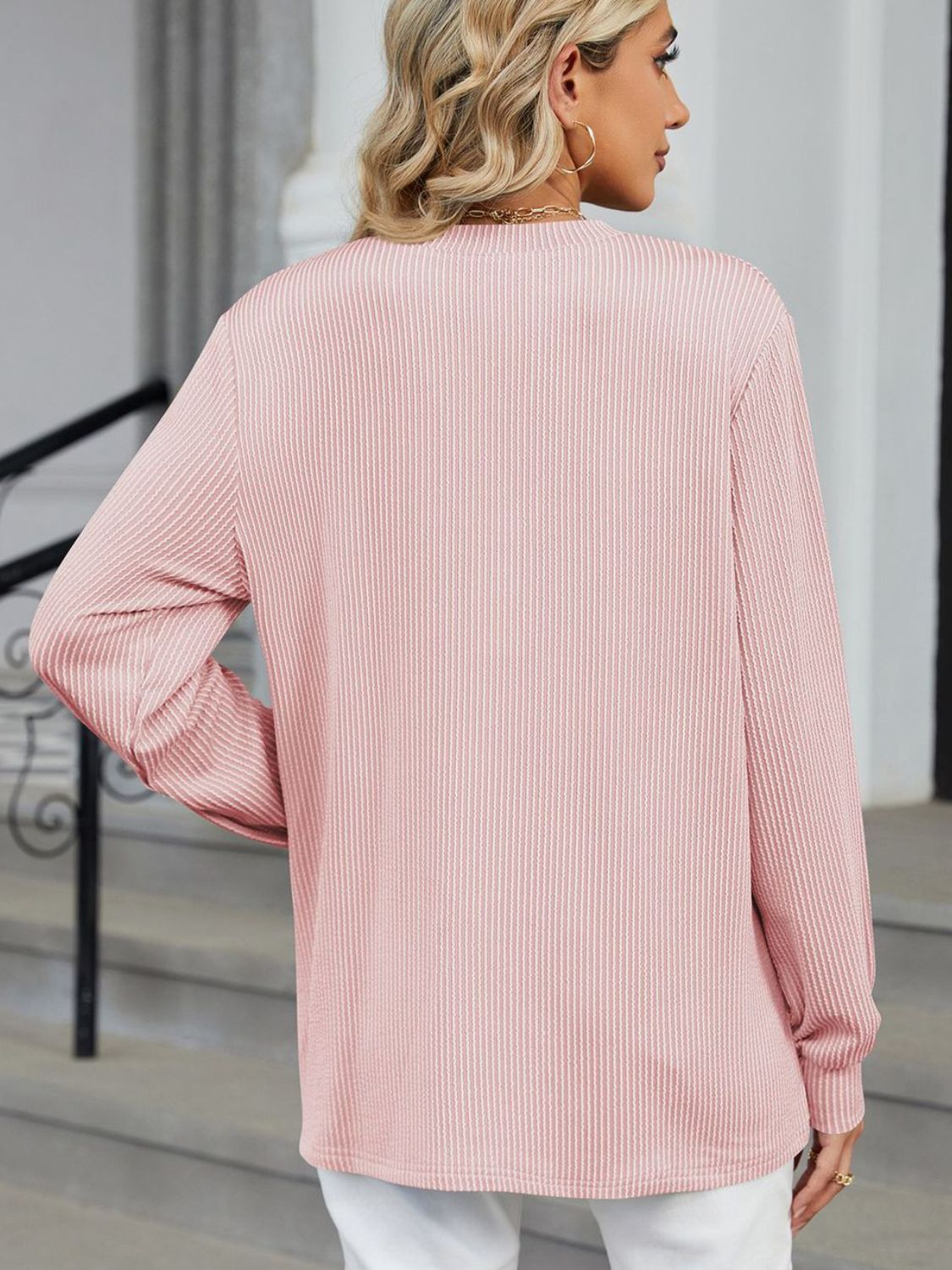 Striped Notched Long Sleeve T-Shirt