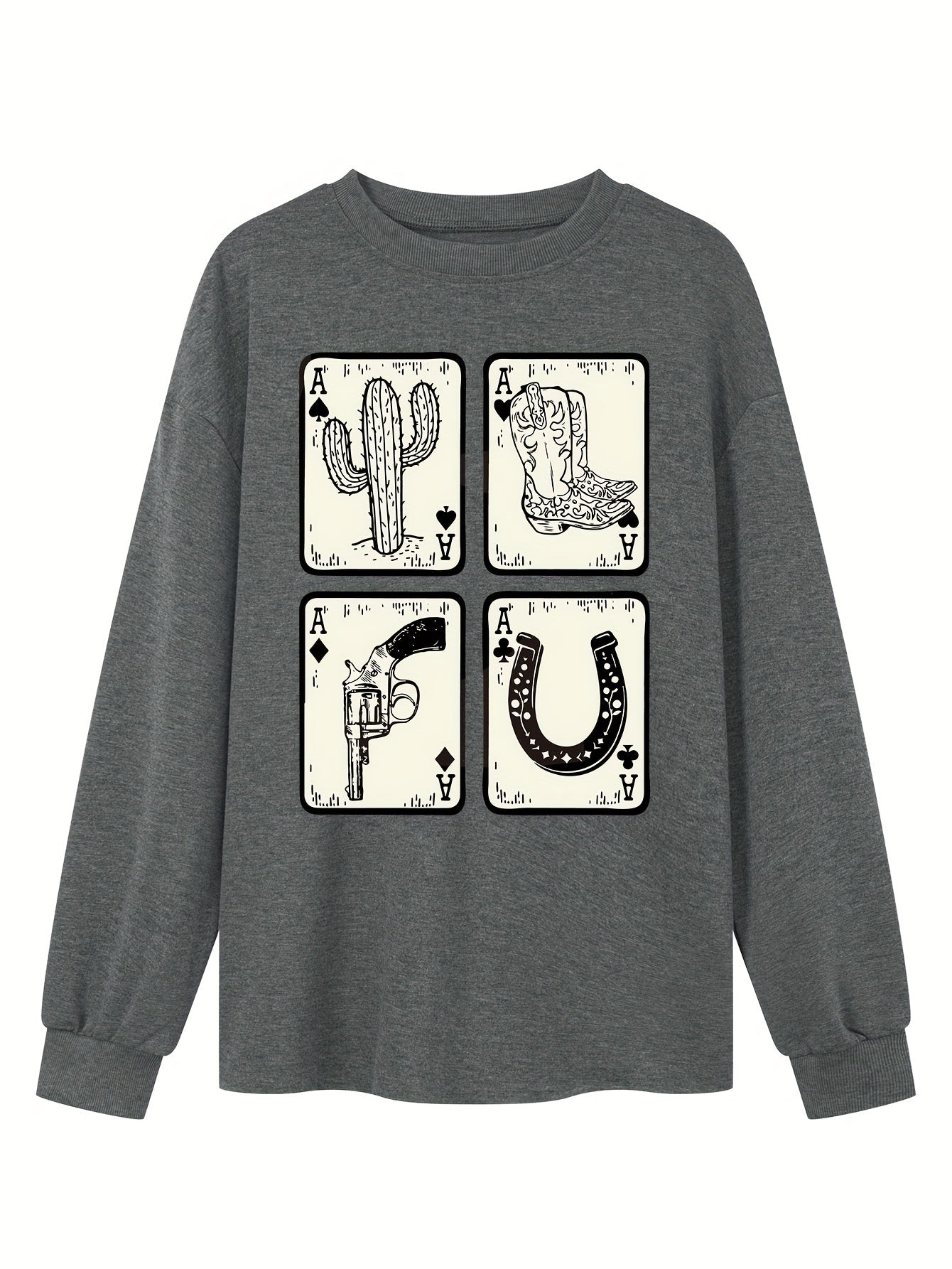 Cactus Print Pullover Sweatshirt, Casual Long Sleeve Crew Neck Sweatshirt For Spring & Fall, Women's Clothing