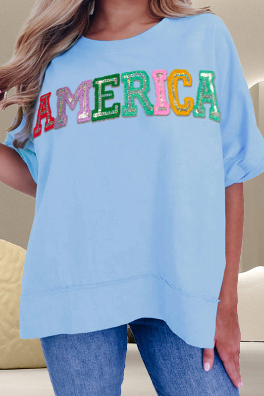 AMERICA Sequin Round Neck Half Sleeve T-Shirt