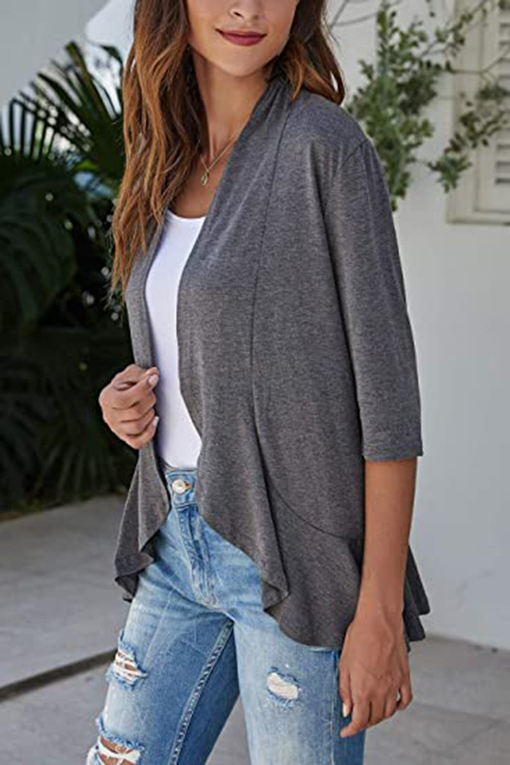 Open Front Three-Quarter Sleeve Cardigan