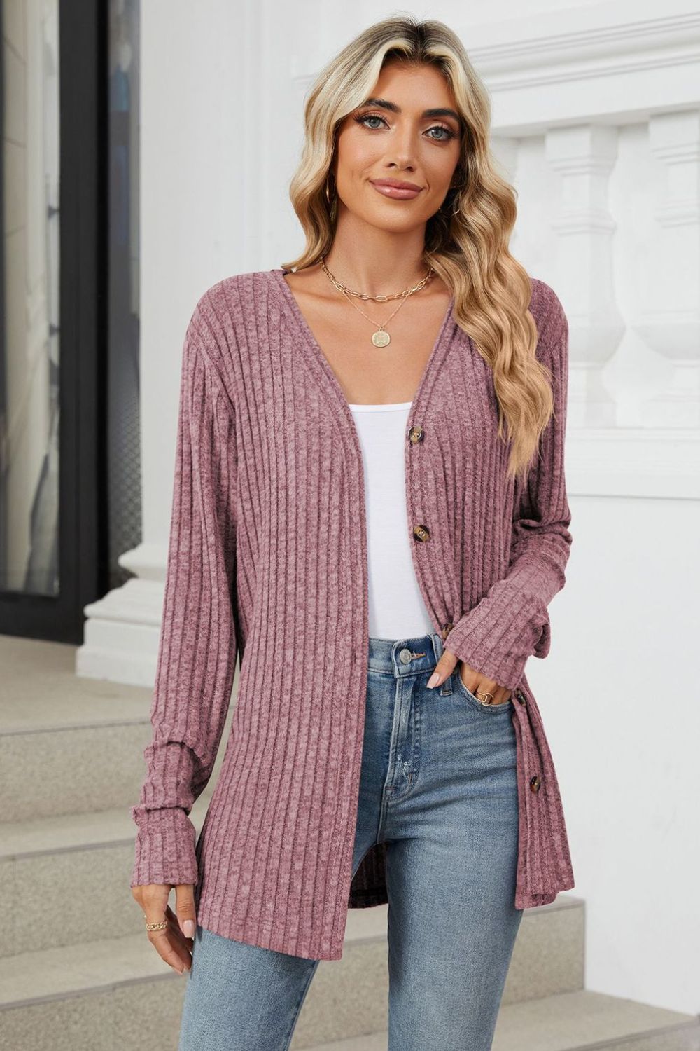 Ribbed Button Up Long Sleeve Cardigan