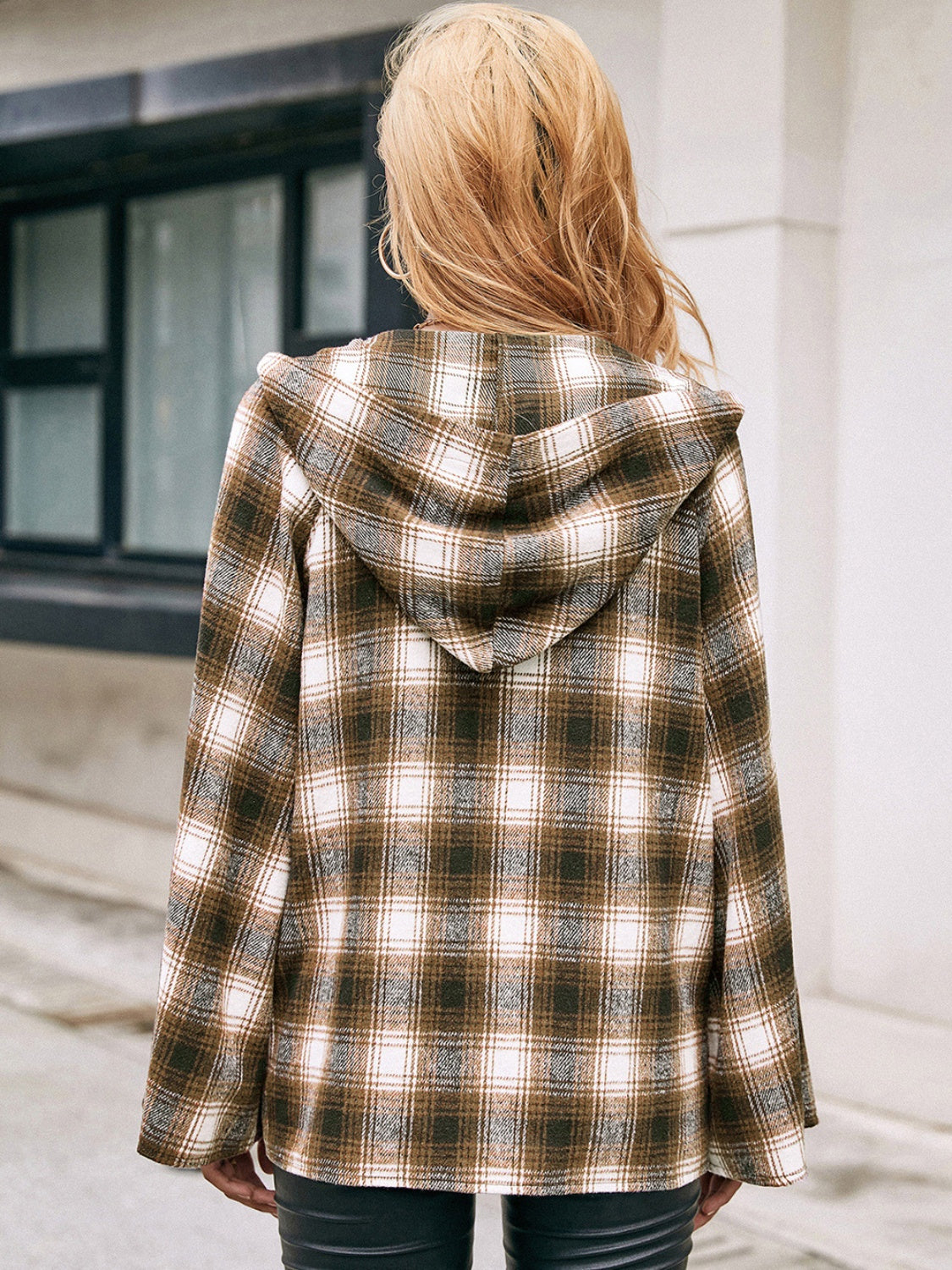 Pocketed Plaid Long Sleeve Hooded Jacket