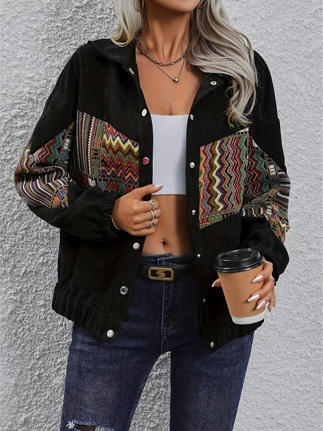 Embroidered Collared Neck Snap Down Jacket