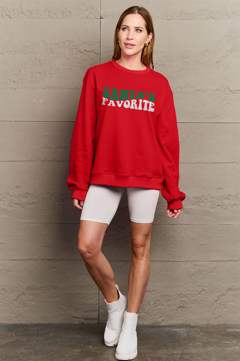 Simply Love Full Size SANTA'S FAVORITE Round Neck Sweatshirt