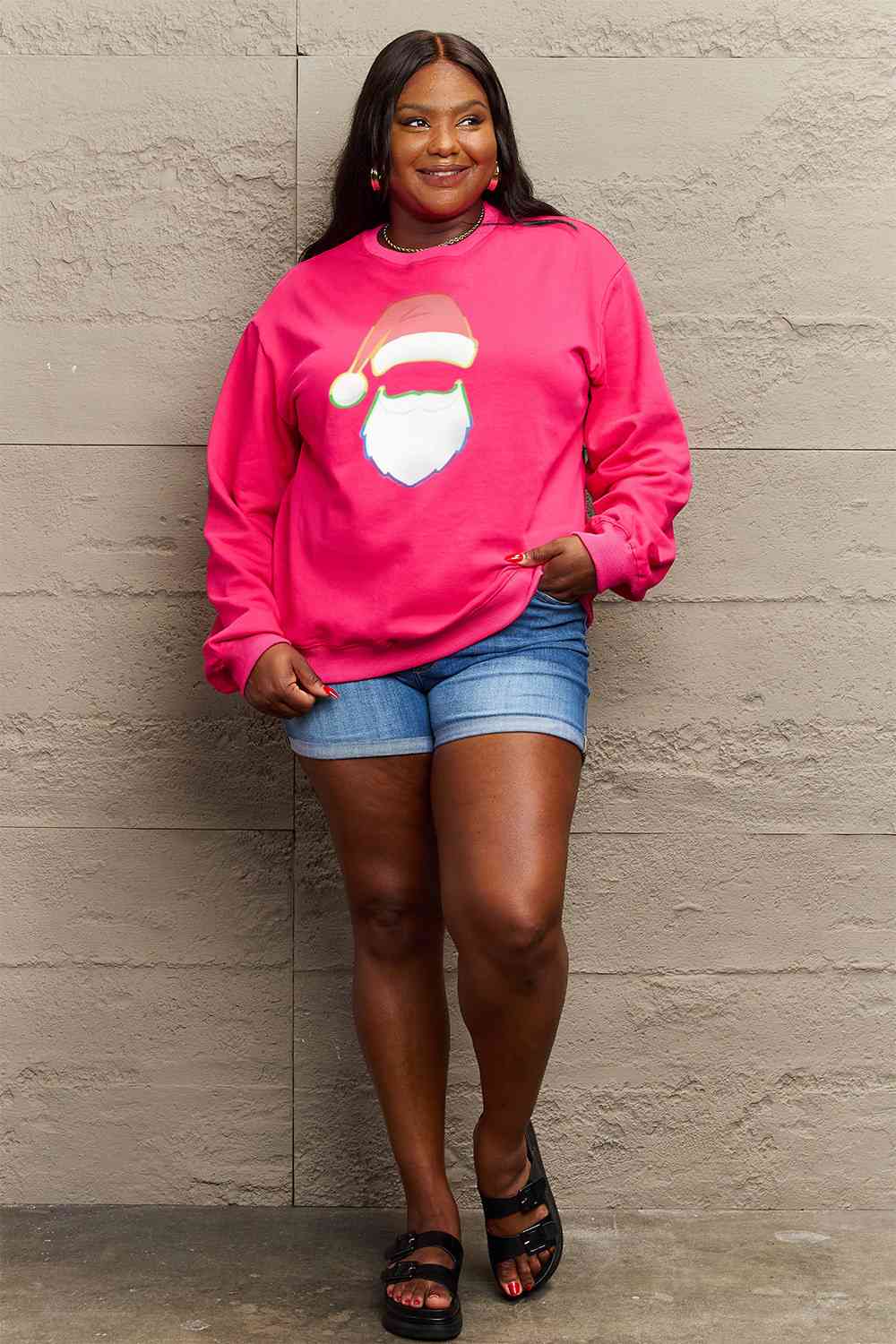 Simply Love Full Size Rainbow Santa Graphic Round Neck Sweatshirt