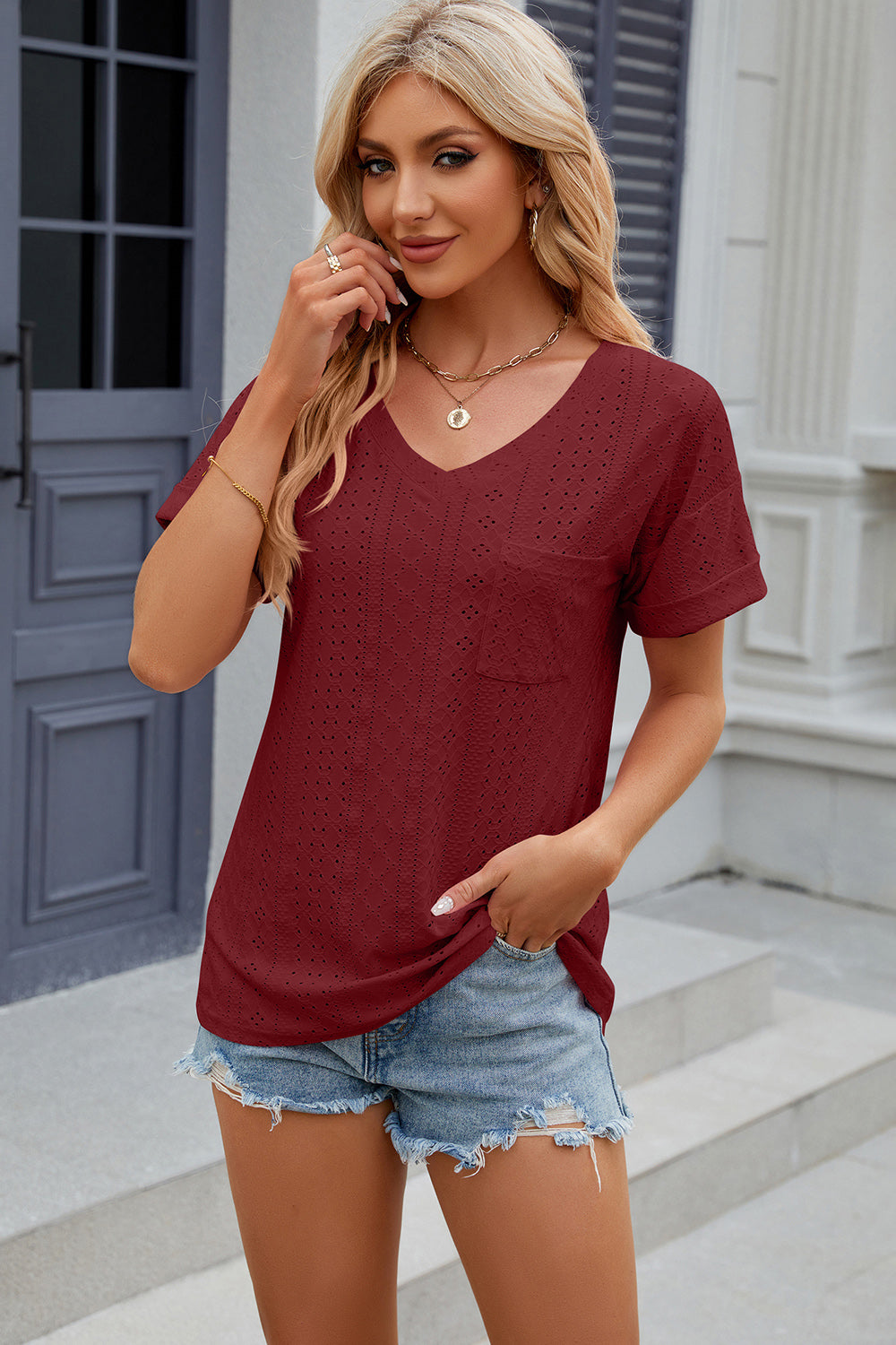 Eyelet V-Neck Short Sleeve T-Shirt