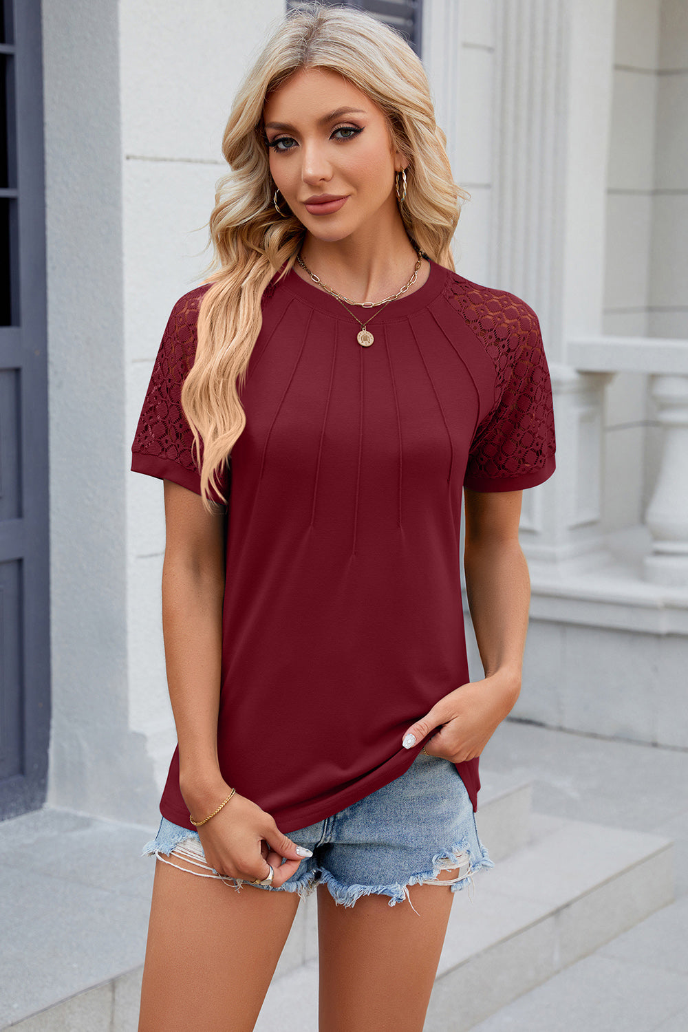 Openwork Round Neck Short Sleeve T-Shirt