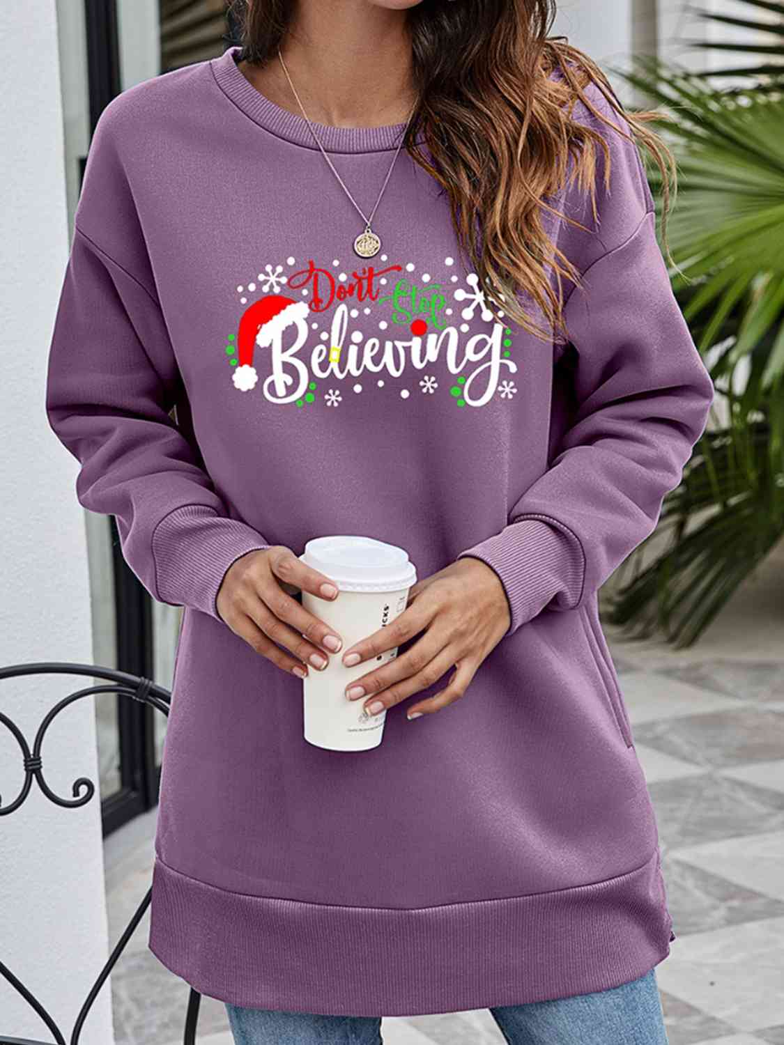 DON'T STOP BELIEVING Graphic Drop Shoulder Sweatshirt