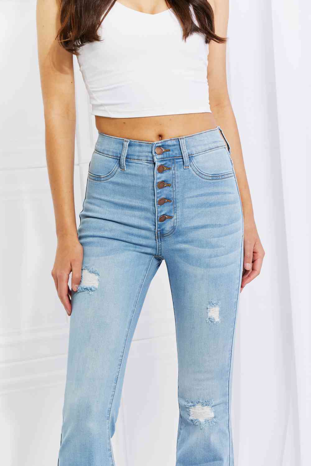 Vibrant MIU Full Size Jess Button Flare Jeans