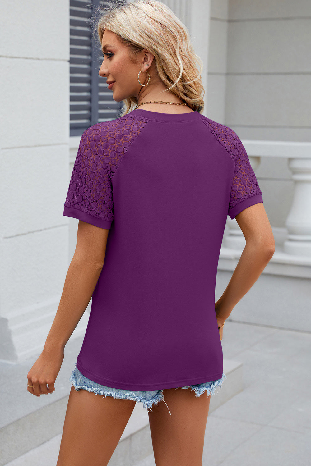 Openwork Round Neck Short Sleeve T-Shirt