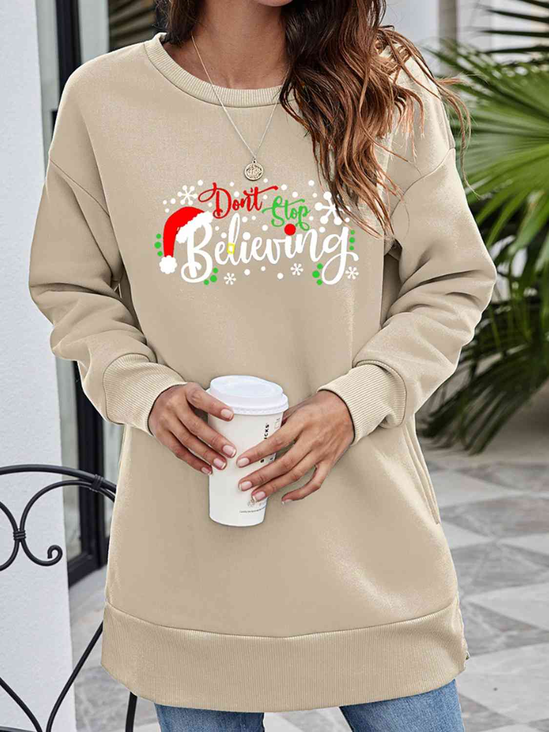 DON'T STOP BELIEVING Graphic Drop Shoulder Sweatshirt