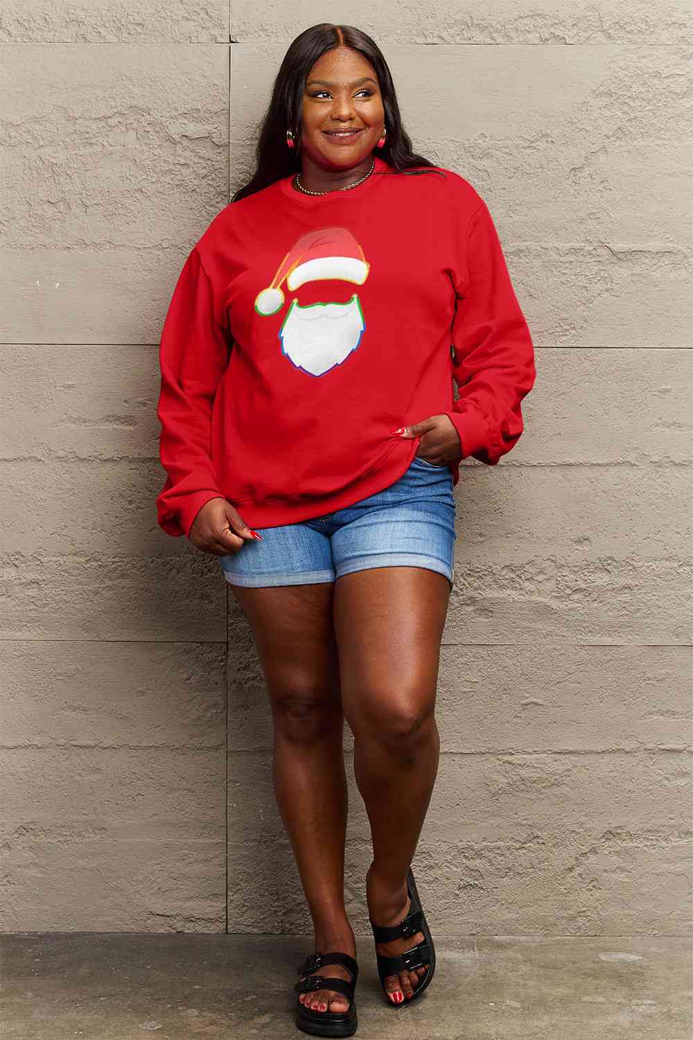 Simply Love Full Size Rainbow Santa Graphic Round Neck Sweatshirt