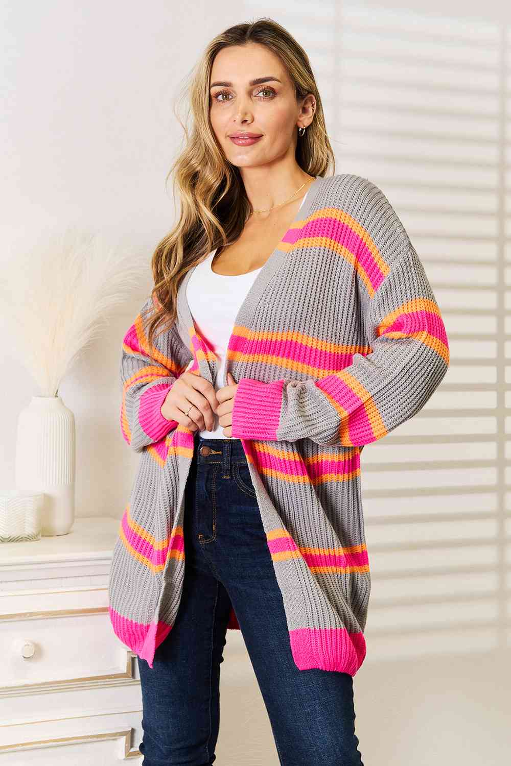 Woven Right Ribbed Long Sleeve Cardigan