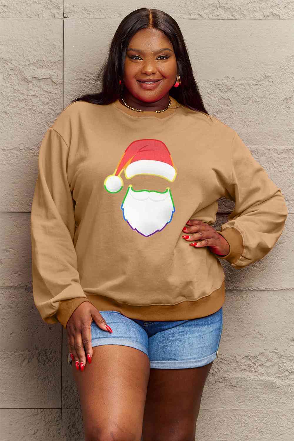 Simply Love Full Size Rainbow Santa Graphic Round Neck Sweatshirt