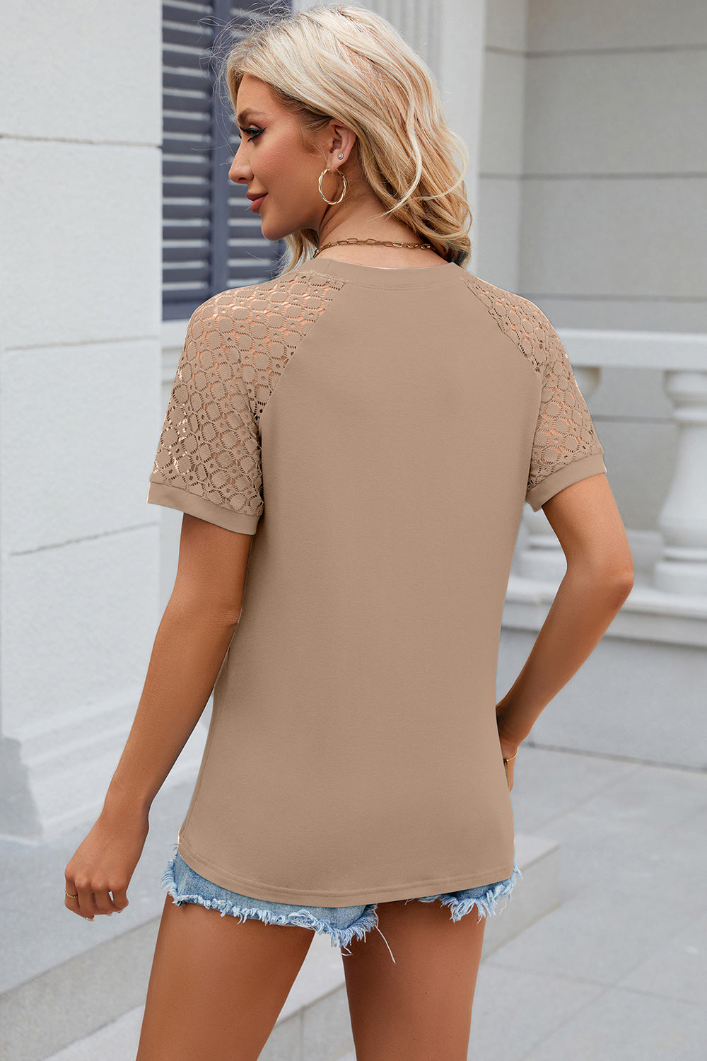 Openwork Round Neck Short Sleeve T-Shirt