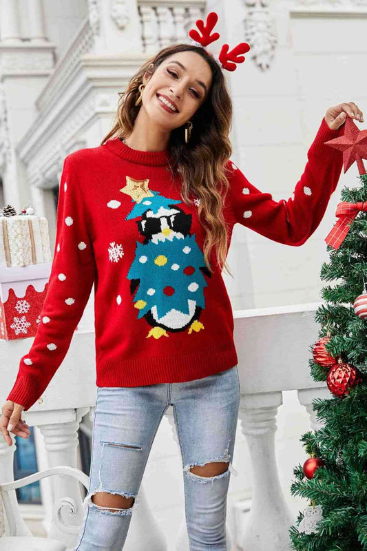 Christmas Penguin Graphic Sequin Sweater