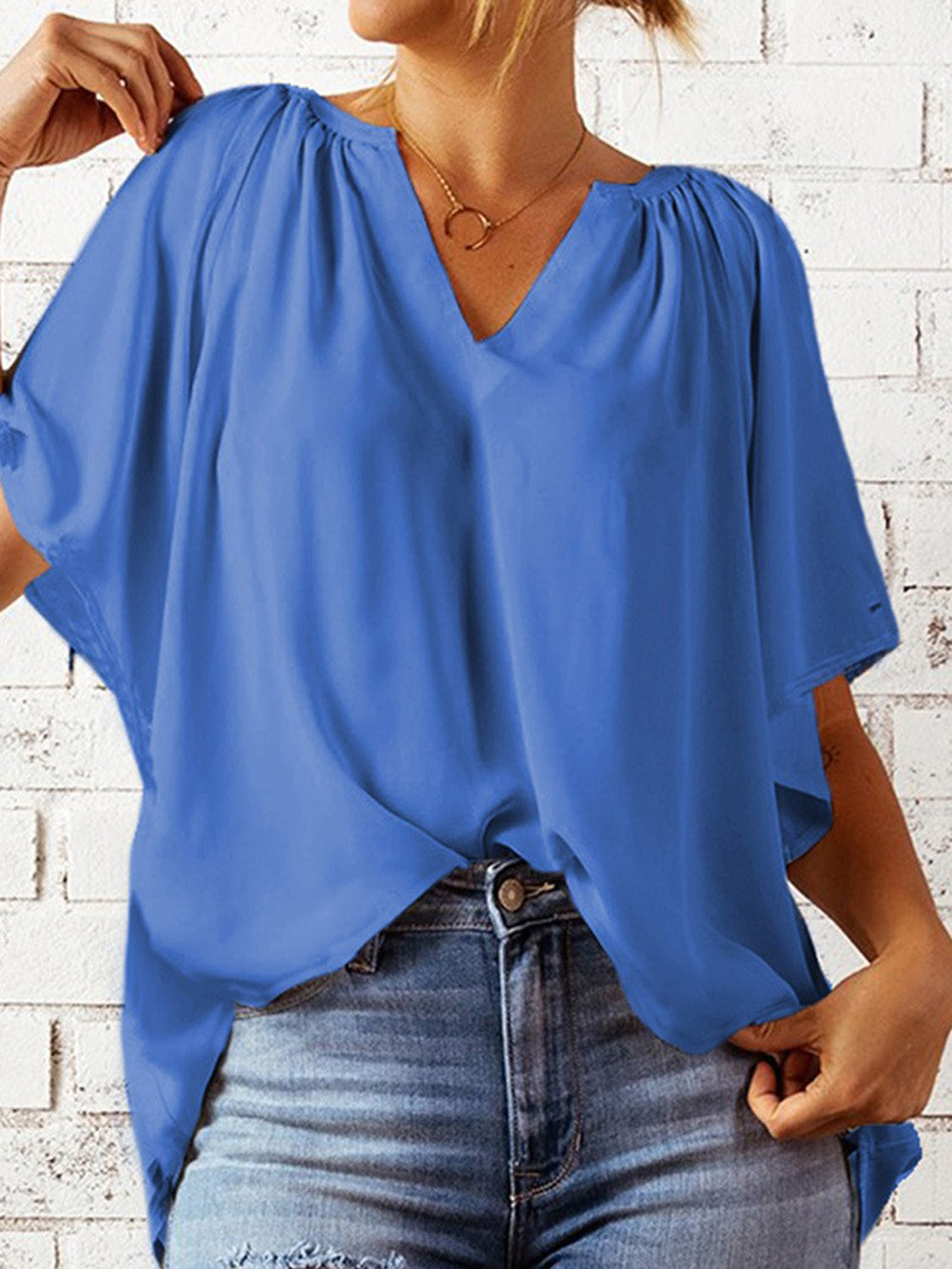 Ruched Notched Half Sleeve Blouse