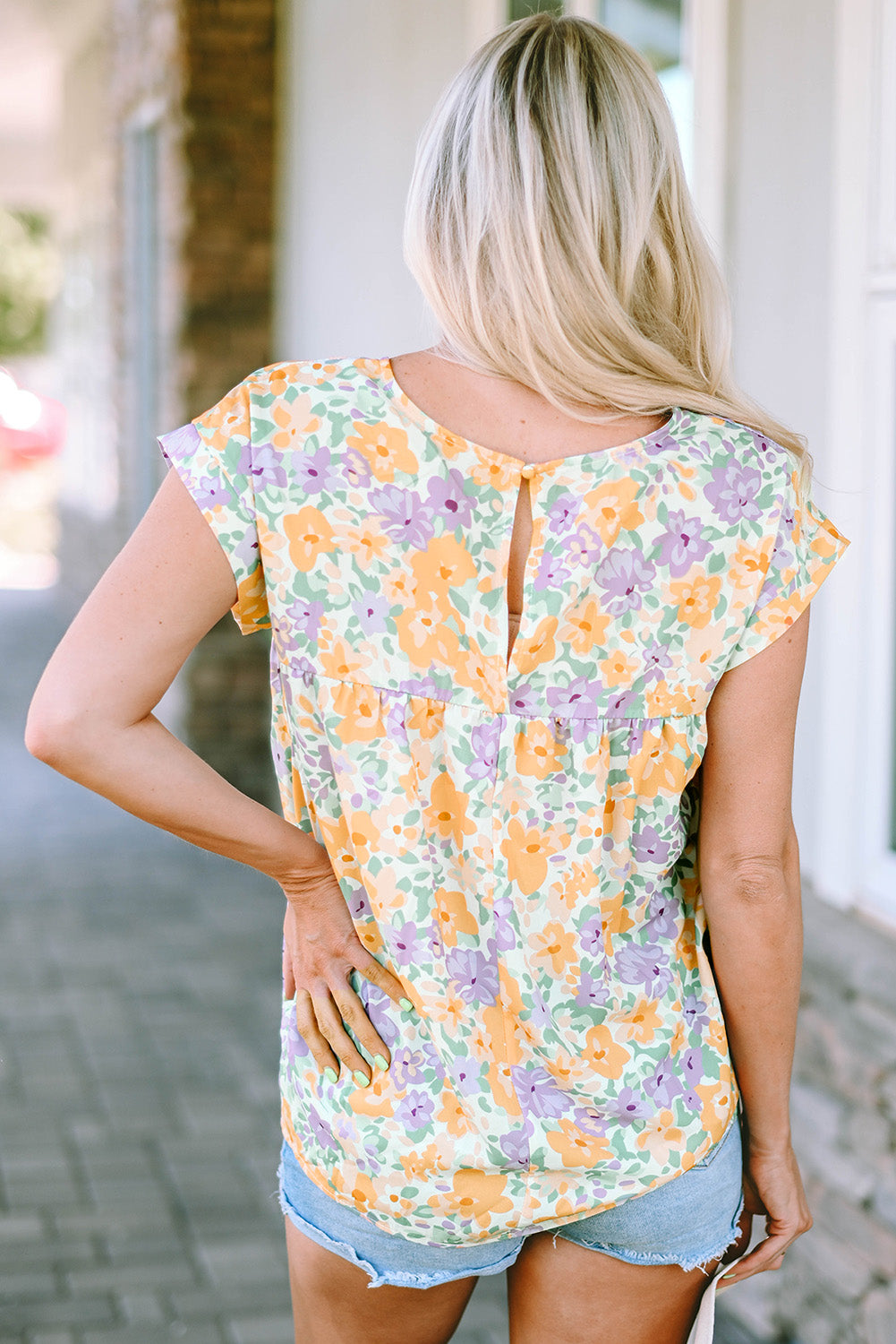 Printed Round Neck Cap Sleeve Blouse