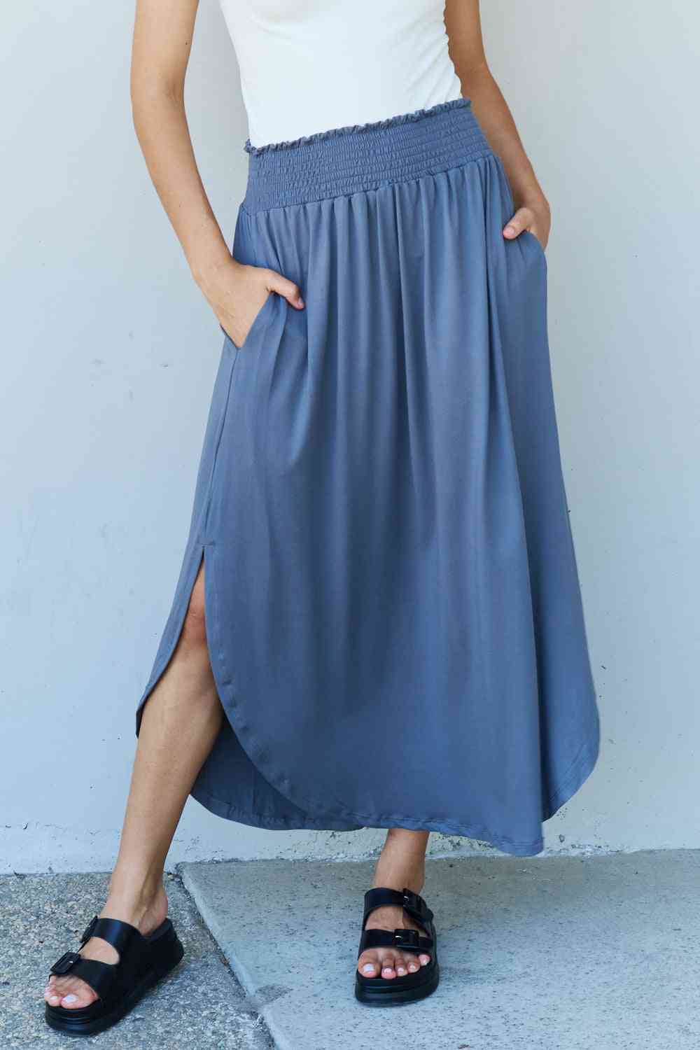 Doublju Comfort Princess Full Size High Waist Scoop Hem Maxi Skirt in Dusty Blue